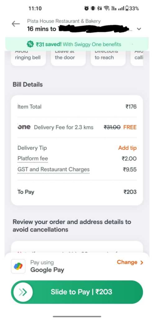Swiggy bill costs
