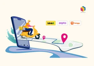 A conceptual image showing high-speed delivery apps and product visibility on quick commerce platforms in India.