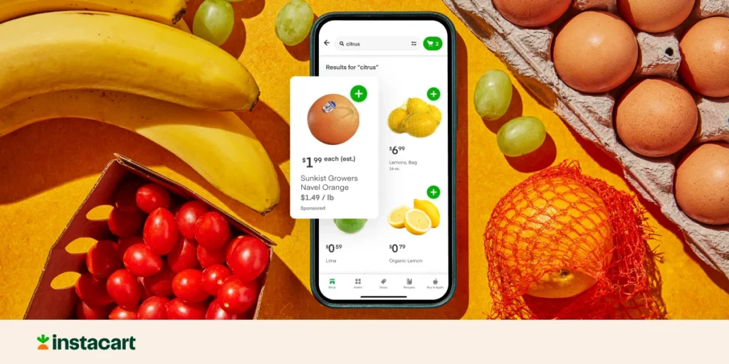 Overview of Instacart advertising formats including sponsored products, display, and shoppable video