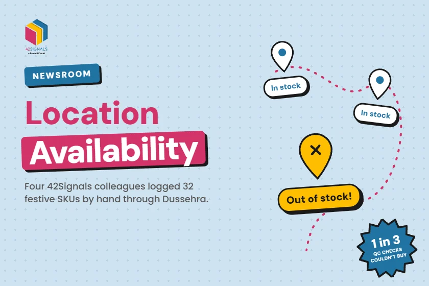 42Signals Newsroom Location Availability graphic with map pins marked in stock and one out of stock, and a 1 in 3 badge